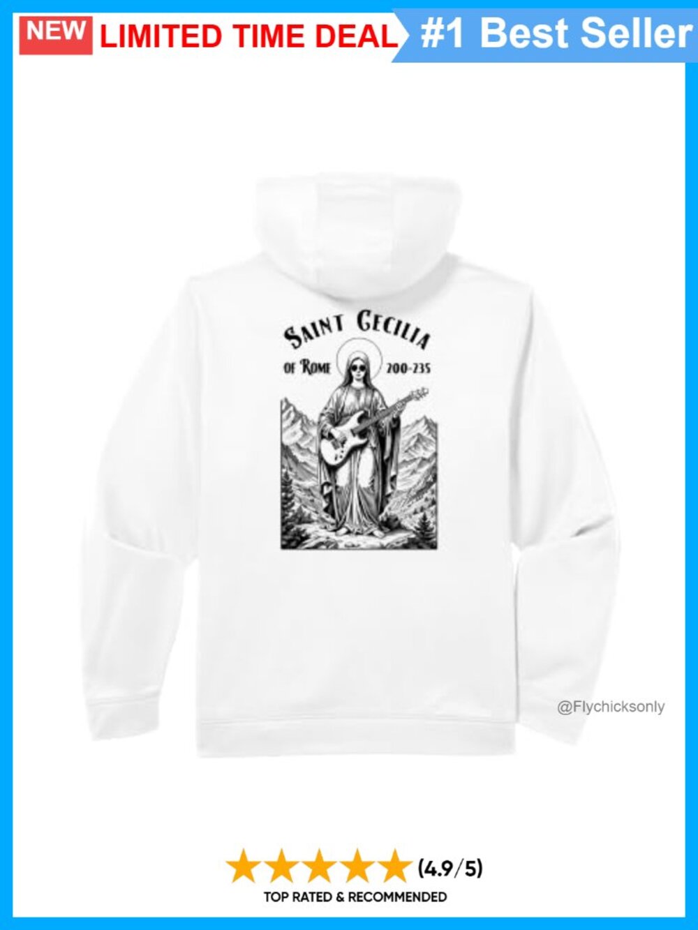 Rock Music Patron Saint Cecilia Hoodie Polyester Guitar Graphic Fit